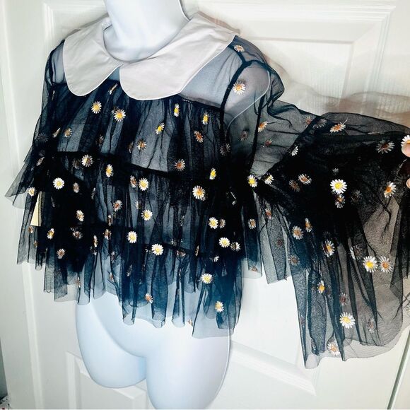 Smak Parlour Black Embroidered Daisy Mesh Ruffle Top Tier Peter Pan Collar M NWT - Picture 7 of 12